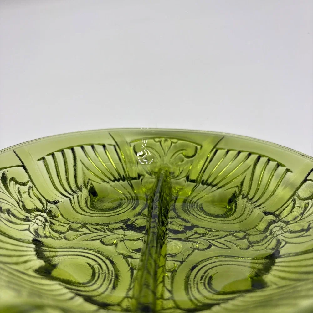Vintage Indiana Glass Divided Relish Dish  8in Green Excellent Pressed Pattern